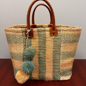 Mar Y Sol Striped Woven Tote Bag Leather Picnic Summer Beach‎ Handmade FLAW